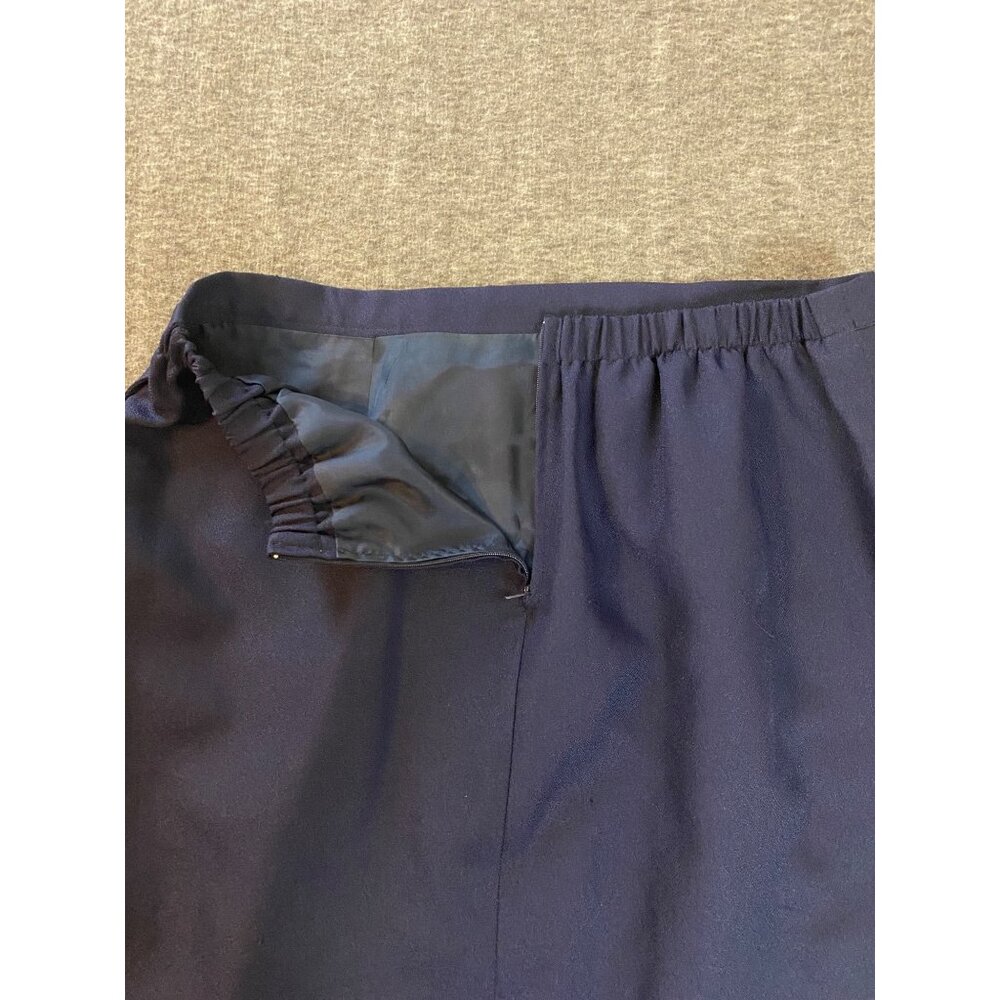 Vintage Navy Pencil Skirt Size 14 Midi Lined Elastic Waist Pockets Womens Zip - Picture 5 of 5